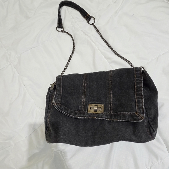 Black Denim Acid Wash Foldover Shoulder Bag - Picture 5 of 11